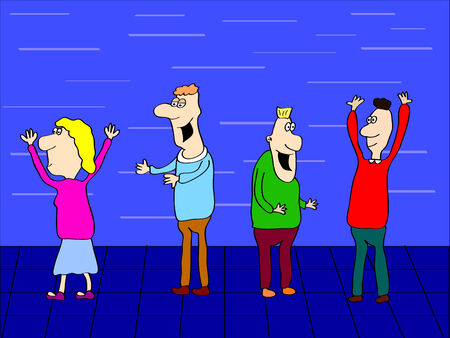 Four cartoon  funny people dancing on disco.のイラスト素材