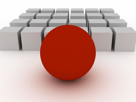 3d red sphere which placed in front of grey cubesの写真素材