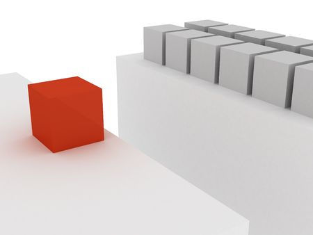 3d red cube, placed opposite to grey cubes near chasmの写真素材