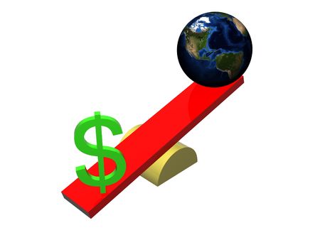 The dollar sign outweighing the earth on a swing. Isolated on white background.の写真素材