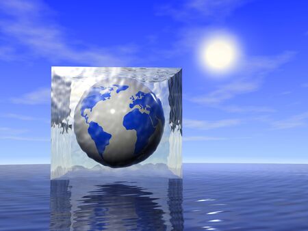 Earth in ice with ocean and sky. 3d render.の写真素材