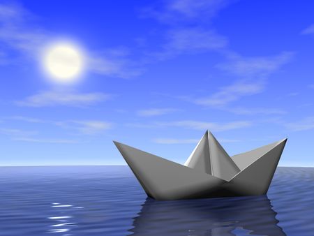 Origami boat in the sea. 3d render.の写真素材