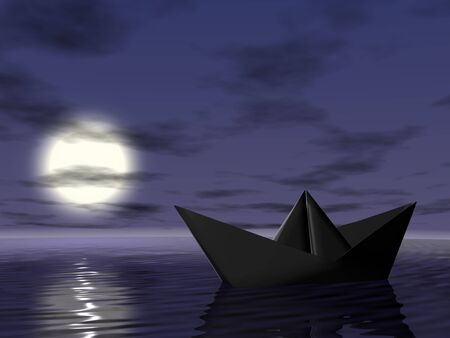 Origami boat in the sea. 3d render. Night.の写真素材