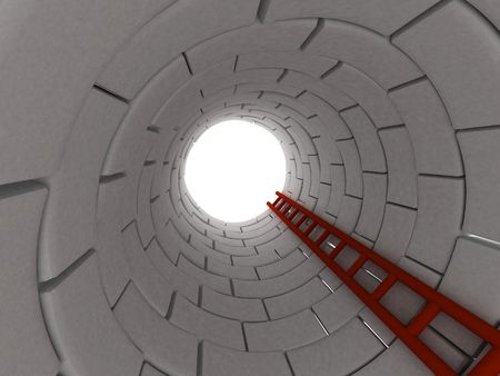 3D render of a ladder leading up from a deep holeの写真素材