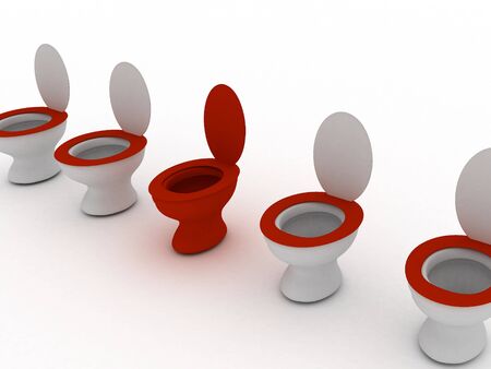 Red toilet near grey toilets. 3d render.の写真素材