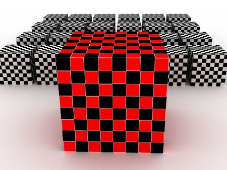 3d red cube which placed in front of grey cubesの写真素材