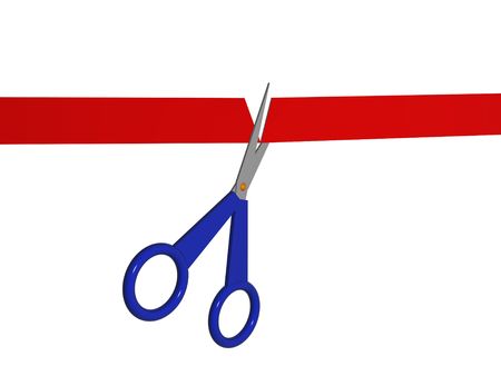 3D rendered ceremonial scissors-cutting through the red tapeの写真素材