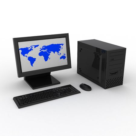 3d render of black computer with earth.の写真素材