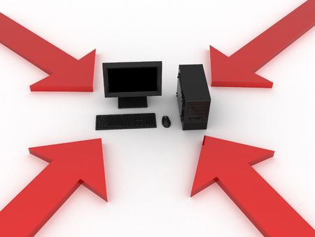 3d computer standing near pointers, which show to this computerの写真素材