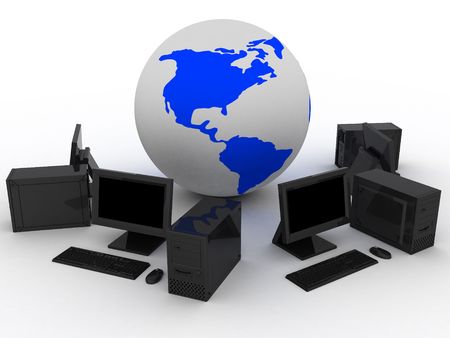 Black computers near earth. Global communication concept.の写真素材