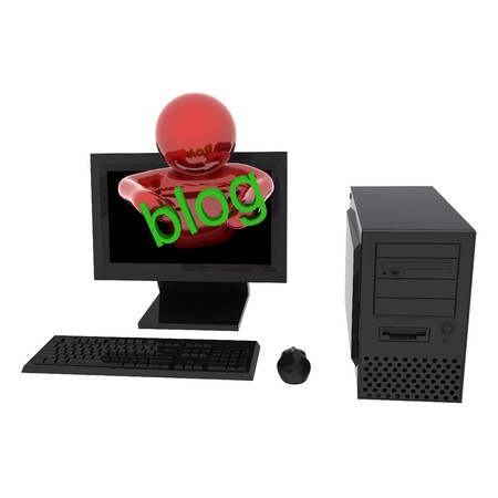 3d render of person in computer with text "Blog". Isolated on white background.の写真素材