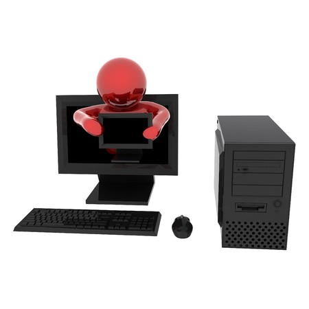 3d render of person in computer with monitor. Isolated on white background.の写真素材