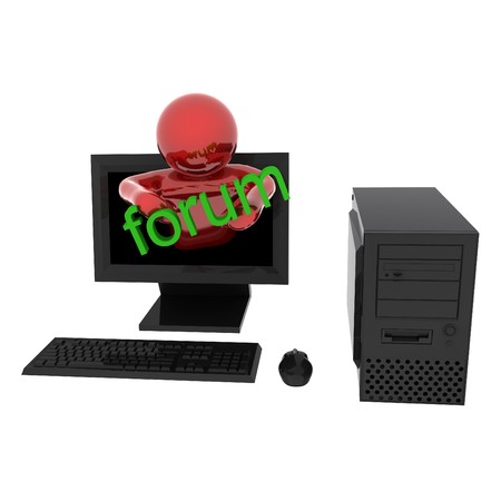 3d render of person in computer with text "Forum". Isolated on white background.の写真素材