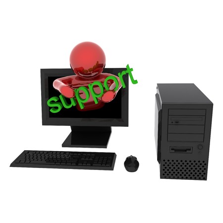 3d render of person in computer with text "Support". Isolated on white background.の写真素材