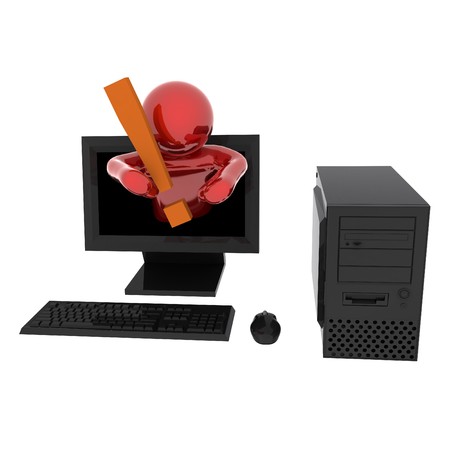 3d render of person in computer with exclamation mark. Isolated on white background.の写真素材