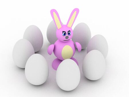 3d render of pink bunny with an eggs. Isolated on white background.の写真素材