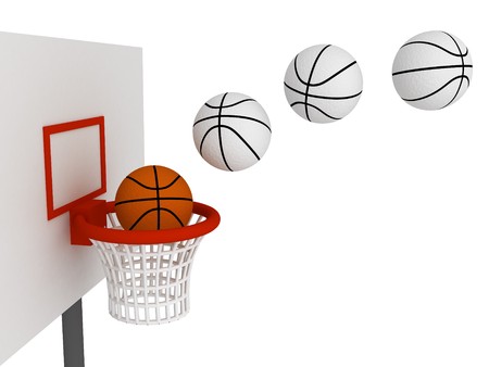 Basketball ball in basket. Isolated on white backgroundの写真素材