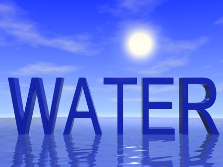 Sun, sky, sea and text "Water". 3d rendering.の写真素材