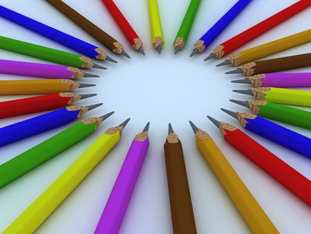 3d render of colored pencils on blue background.の写真素材