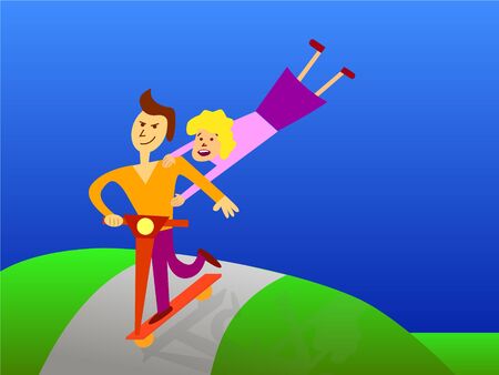 A vector illustration of a couple riding a scooter in the parkのイラスト素材