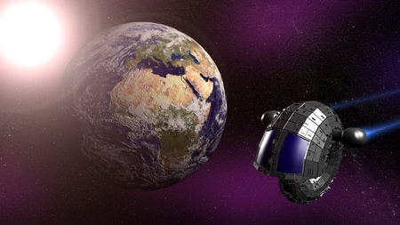 Spaceship flying near Earth  3d render の写真素材