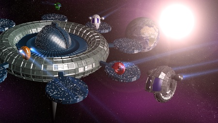 Space satellite near Earth  3d render の写真素材