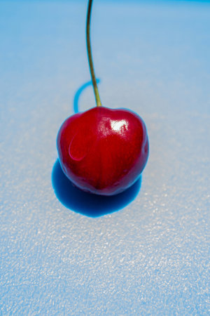 A cherry is sitting on a blue surface. The cherry is red and shinyの写真素材