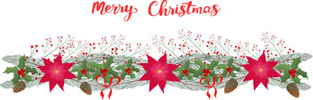 Merry Christmas is written in red letters on a white background. A red and green floral arrangement with red poinsettias and green leavesのイラスト素材