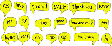Yellow speech bubbles with words of different sizes, Set of yellow speech bubbles with words, for graphic design, for social media designのイラスト素材