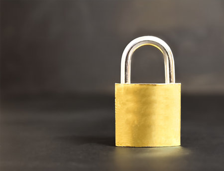 Bronze colored padlock on a gray background, security concept, with empty space for textの写真素材