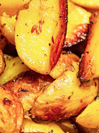 Fried potatoes with spices in a rustic way with a crispy crust, looks very appetizingの写真素材