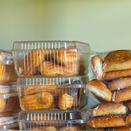Fresh sweet pastries in a transparent container stand on the shelves of a grocery store