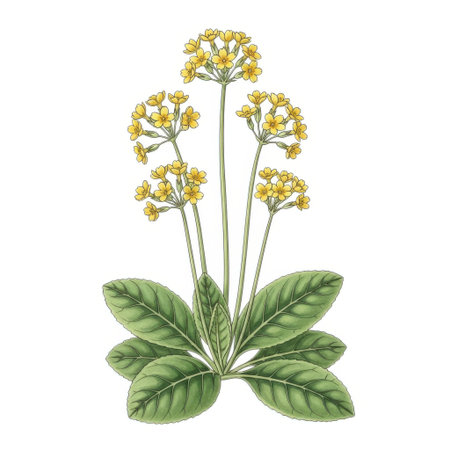 A detailed botanical drawing showcasing a stem with multiple small yellow blossoms and lush green foliage, presented on a plain white background.の素材