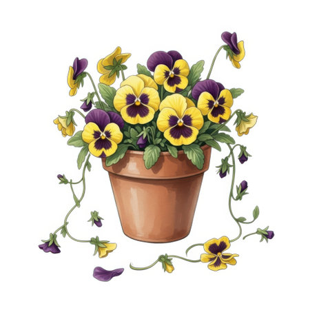 A charming arrangement of colorful pansy blossoms in a simple pot, presented on a pure white background.の素材
