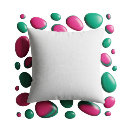 A plain white cushion is showcased with a scattering of colorful, smooth pebbles forming a decorative border on a clean white background.の素材