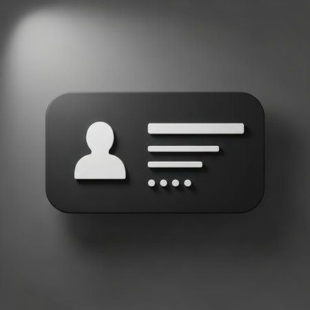 A sleek, dark-themed identification card graphic featuring a silhouette profile icon and placeholder lines for text, suitable for business or personal identification contexts.の素材