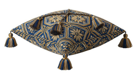 A diamond-shaped decorative cushion with elaborate patterns and hanging tassels, presented on a clean white background.の素材