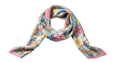 A detailed close-up of a colorful silk scarf featuring a whimsical print, presented on a clean white background.の素材