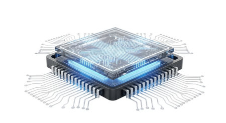 A high-tech computer processor chip with intricate circuitry and glowing blue light, presented isolated on a clean white background.の素材