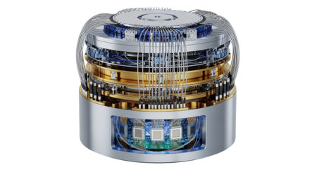 A detailed view of a complex, cylindrical technological object with visible internal wiring and components, isolated on a white background.の素材