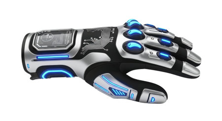 A detailed view of a single, advanced, futuristic glove with glowing blue lights and metallic elements, presented on a clean white background.の素材