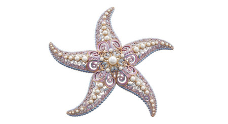 A beautifully crafted starfish adorned with detailed patterns and shimmering embellishments, presented isolated on a clean white background.の素材