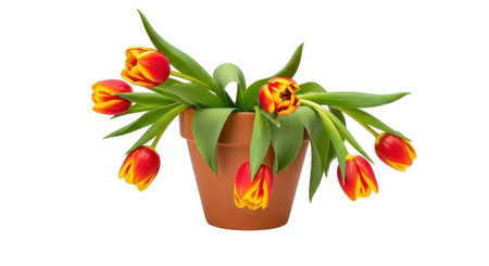 A bouquet of wilting orange and red tulips in a terracotta vase, presented isolated on a clean white background.の素材