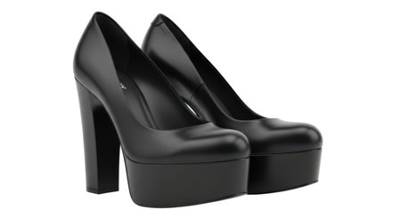 A stylish pair of black leather platform high heel shoes are presented isolated on a clean white background.の素材
