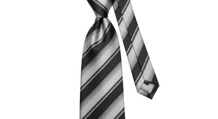 A stylish silk necktie featuring diagonal stripes in navy blue and silver tones, presented isolated on a clean white background.の素材