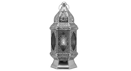 A detailed, golden Arabic-style lantern with colorful glass panels and a lit interior, isolated on a pure white background.の素材