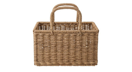 This image features a handcrafted wicker tote bag with a textured weave and sturdy braided handles, presented on a clean white background.の素材