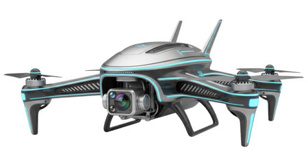 A sleek, modern drone with a camera and antennas, presented isolated on a clean white background.の素材