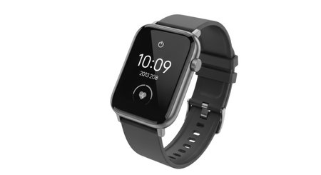 A sleek black digital smartwatch with a comfortable dark strap is presented isolated on a clean white background.の素材