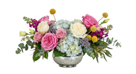 A stunning floral arrangement featuring pink roses, hydrangeas, and protea flowers in a decorative silver vase, isolated on a white background.の素材